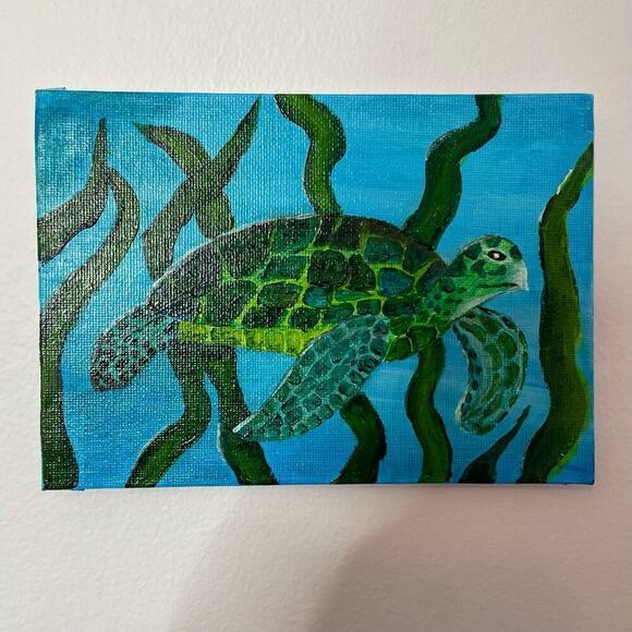 Handmade acrylic painting sea turtle seaweed 5X7 blue green - Picture 2 of 4